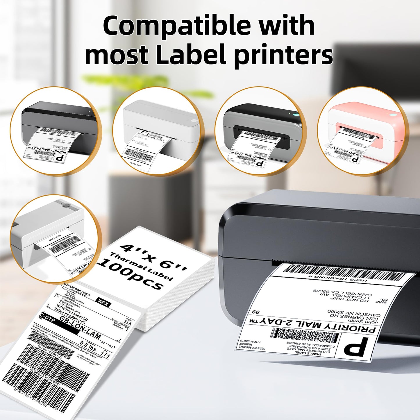 4x6 Direct Thermal Shipping Label, Fan-Fold Sticker Labels, Commercial Grade, Thermal Labels Compatible with Rollo, Nelko, Munbyn, Jadens, Strong Adhesive Labels Paper, 100 Labels Per Stack