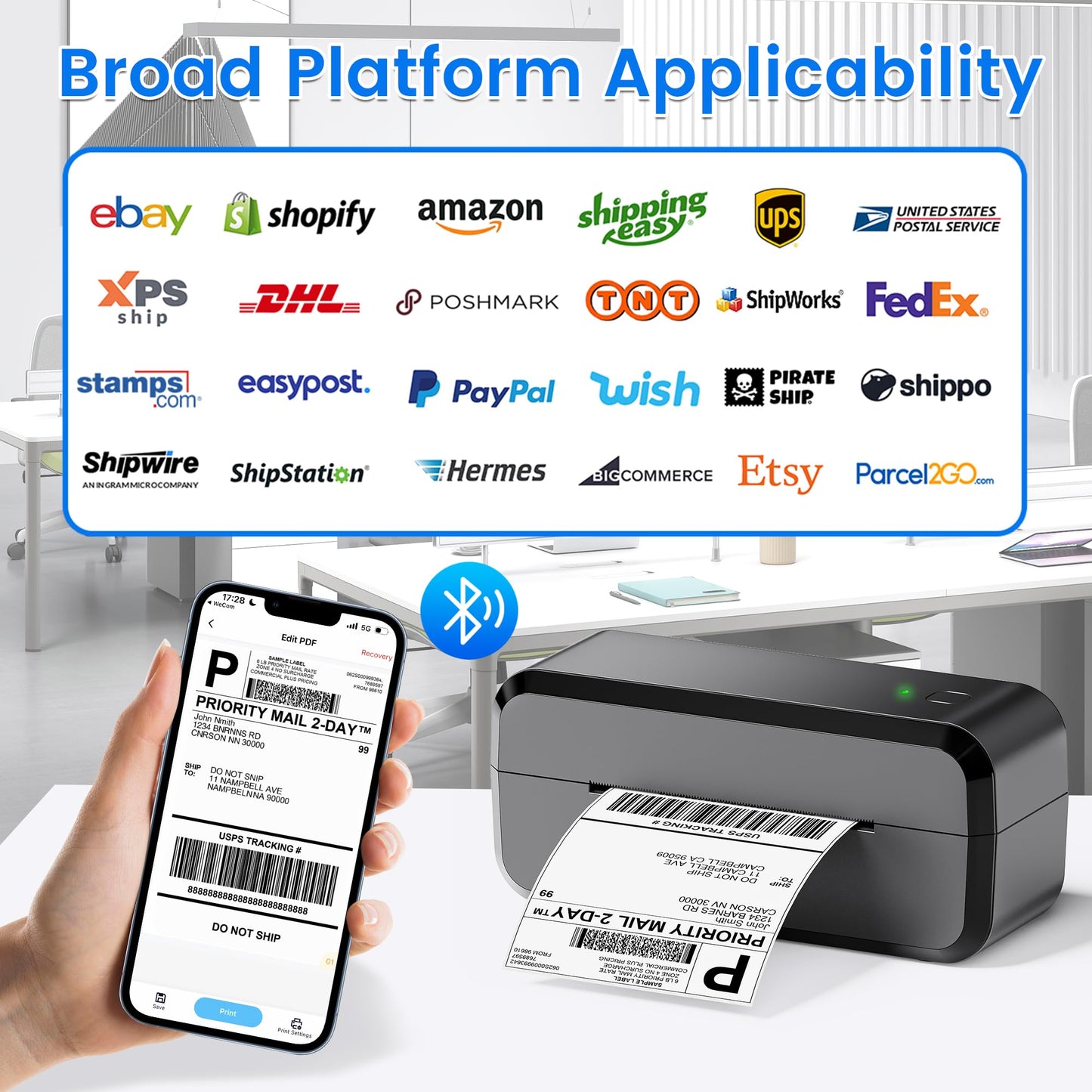 Bluetooth Thermal Shipping Label Printer, Wireless 4x6 Label Printer for Shipping Packages & Small Business, Compatible with Android, IOS, Windows and Mac, Widely Used for Ebay, Amazon, Shopify, USPS