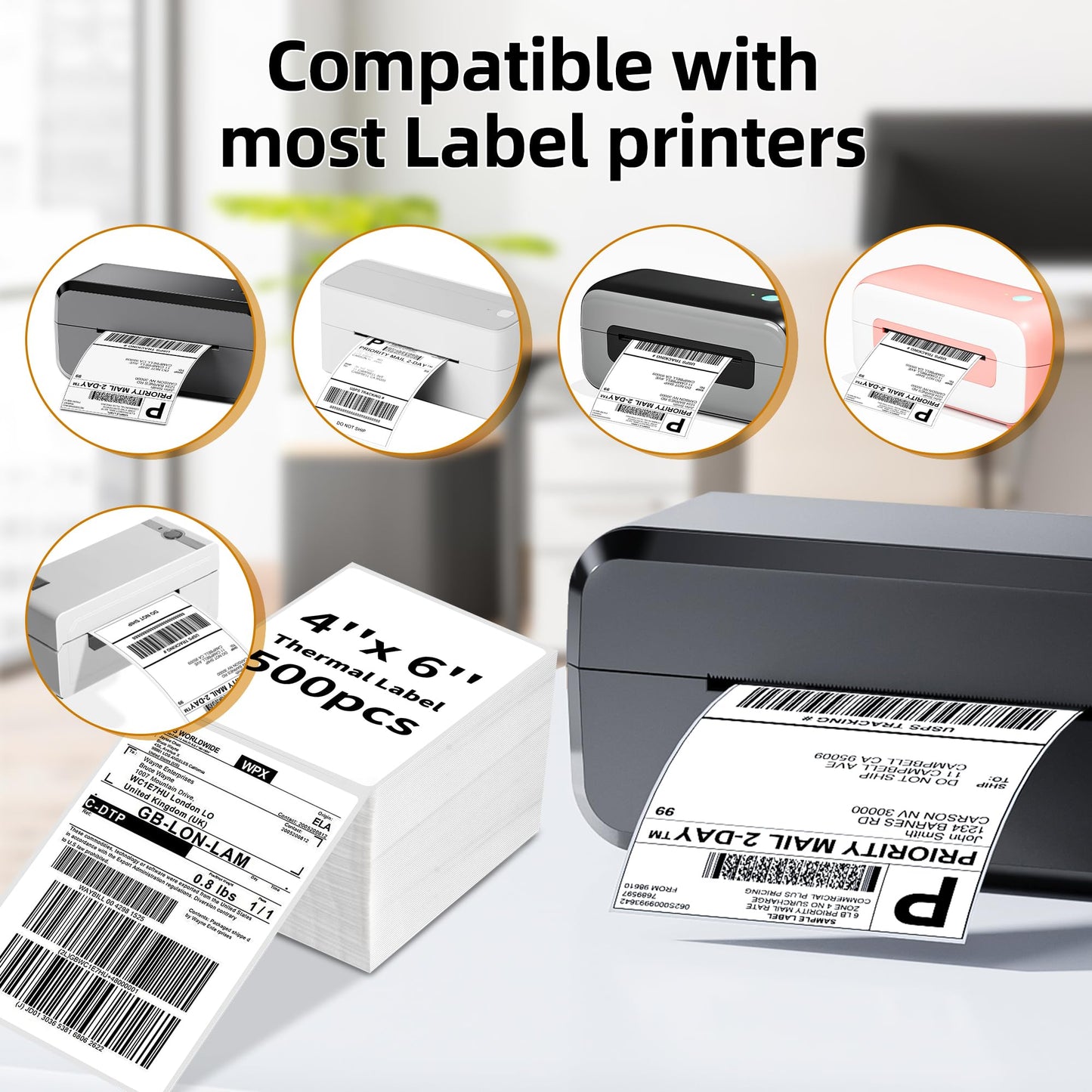 4x6 Direct Thermal Shipping Label, Fan-Fold Sticker Labels, Commercial Grade, Strong Adhesive Label Paper, Thermal Labels Compatible with Rollo, Munbyn, Nelko, Pack of 500 4x6 Per Shipping Labels